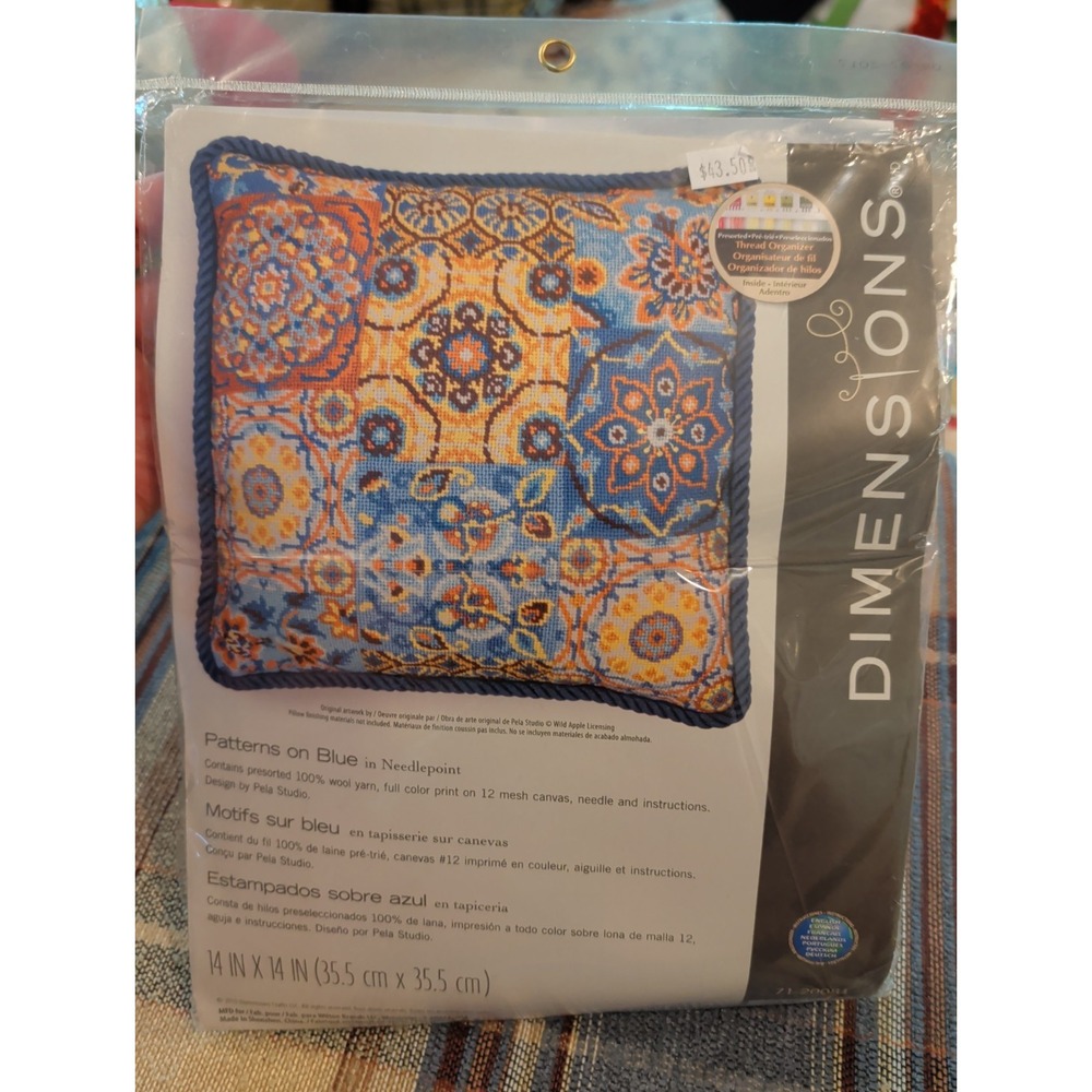 New Dimensions Needlepoint Pillow Kit 71-20081 Patterns On Blue Motif 14 X 14"